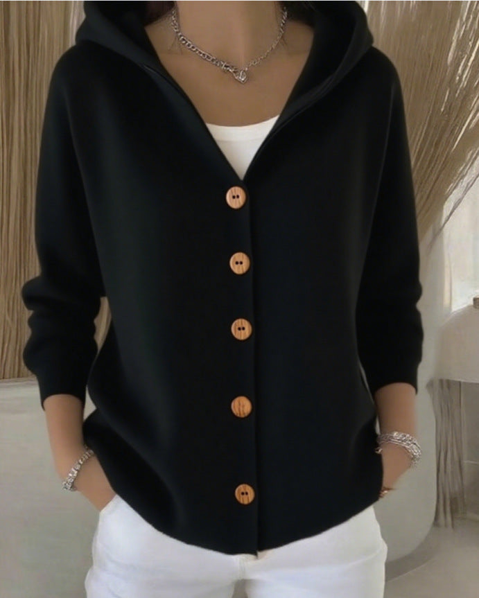 Gebreid vest met capuchon en knoopsluiting voor dames in zwart