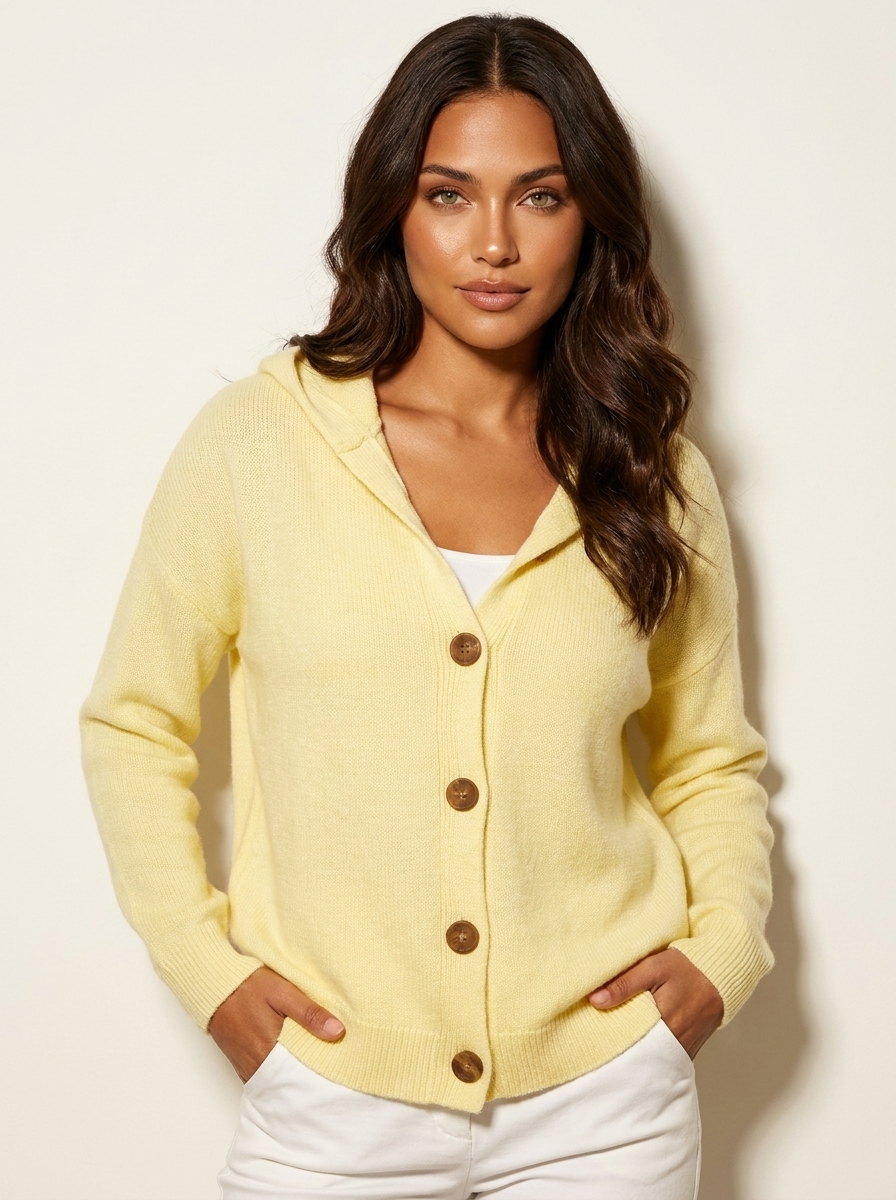 Gebreid vest met capuchon en knoopsluiting voor dames in lichtgeel