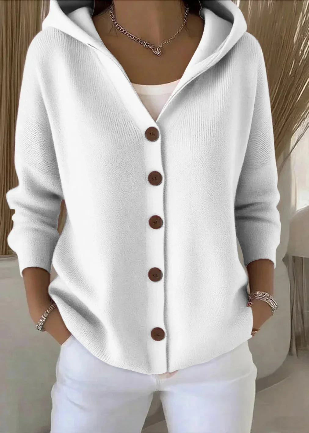 Gebreid vest met capuchon en knoopsluiting voor dames