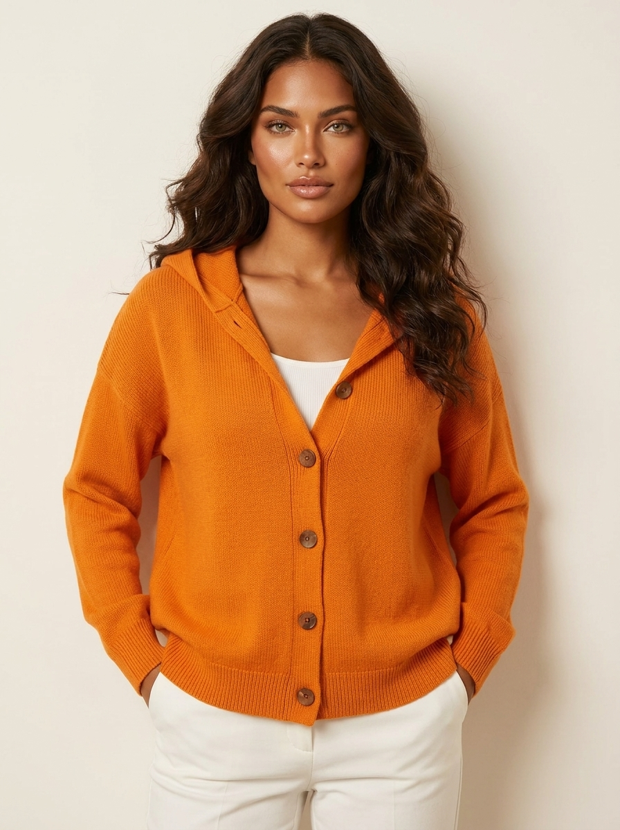 Gebreid vest met capuchon en knoopsluiting voor dames in oranje