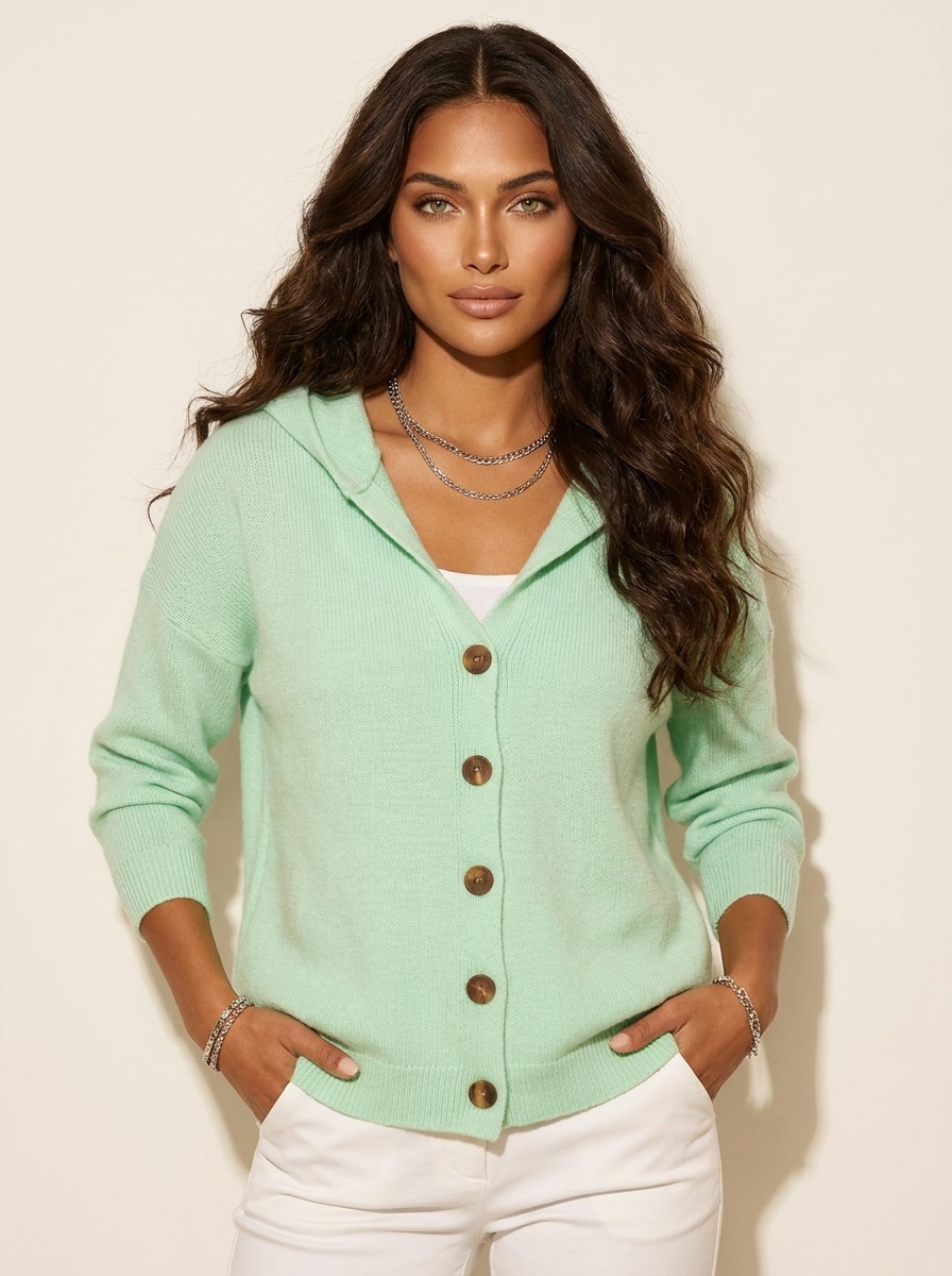 Gebreid vest met capuchon en knoopsluiting voor dames in groen