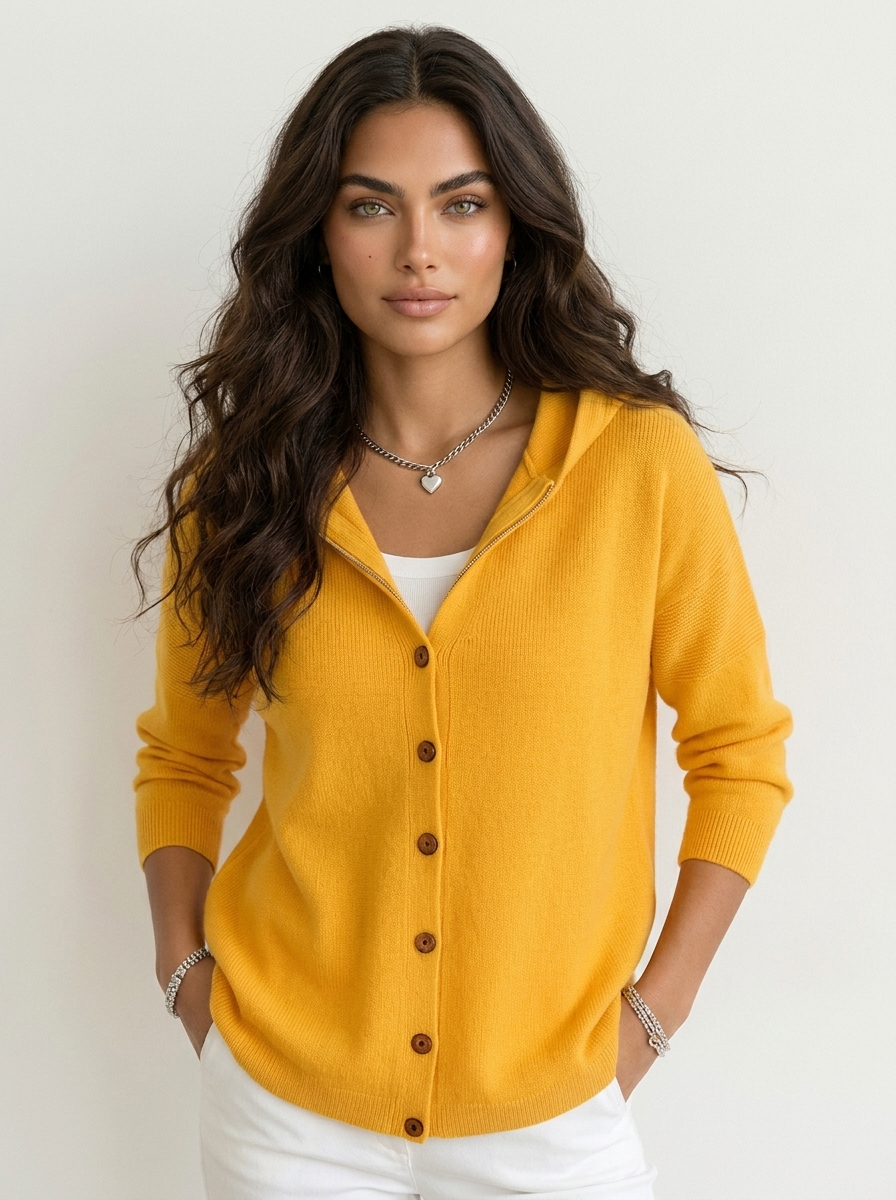 Gebreid vest met capuchon en knoopsluiting voor dames in geel