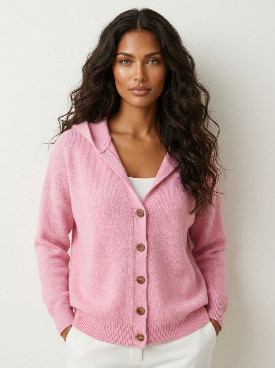 Gebreid vest met capuchon en knoopsluiting voor dames in roze