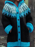 Gebreid vest met capuchon en noorse print voor dames in blauw