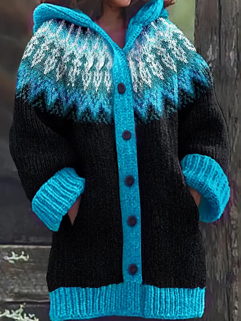 Gebreid vest met capuchon en noorse print voor dames in blauw