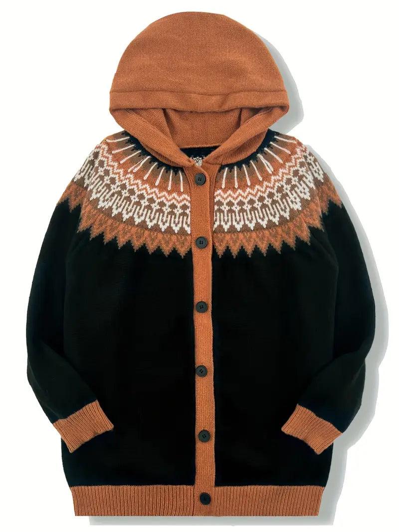 Gebreid vest met capuchon en noorse print voor dames