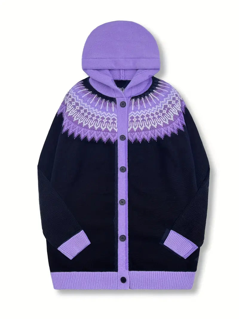 Gebreid vest met capuchon en noorse print voor dames