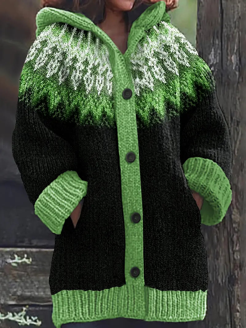 Gebreid vest met capuchon en noorse print voor dames in groen