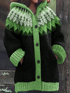 Gebreid vest met capuchon en noorse print voor dames in groen
