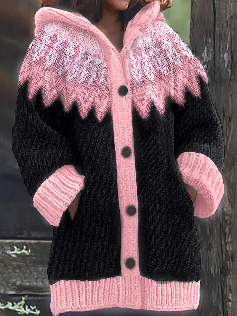 Gebreid vest met capuchon en noorse print voor dames in roze
