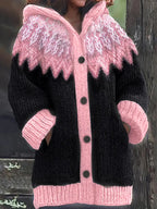 Gebreid vest met capuchon en noorse print voor dames in roze