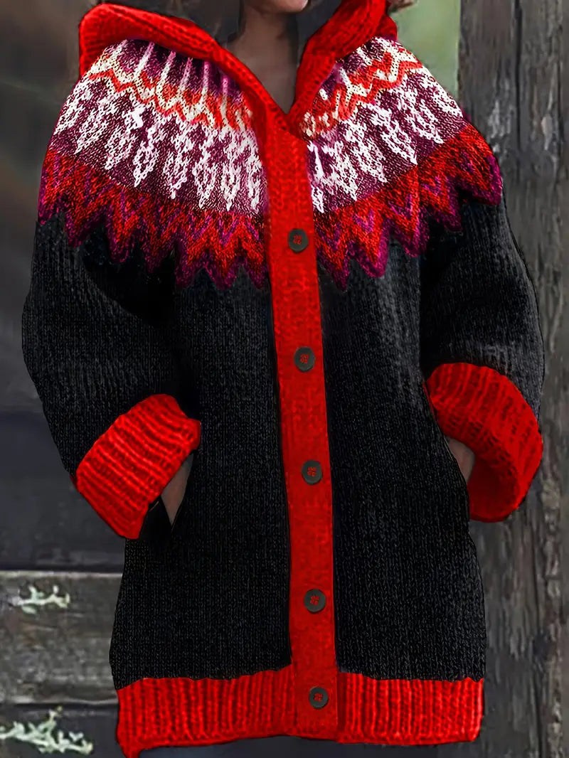 Gebreid vest met capuchon en noorse print voor dames in rood