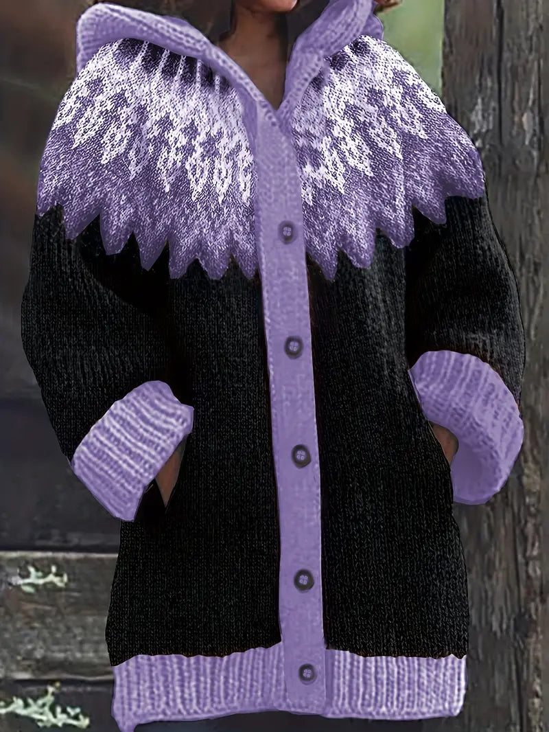 Gebreid vest met capuchon en noorse print voor dames in violet