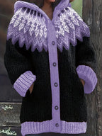 Gebreid vest met capuchon en noorse print voor dames in violet