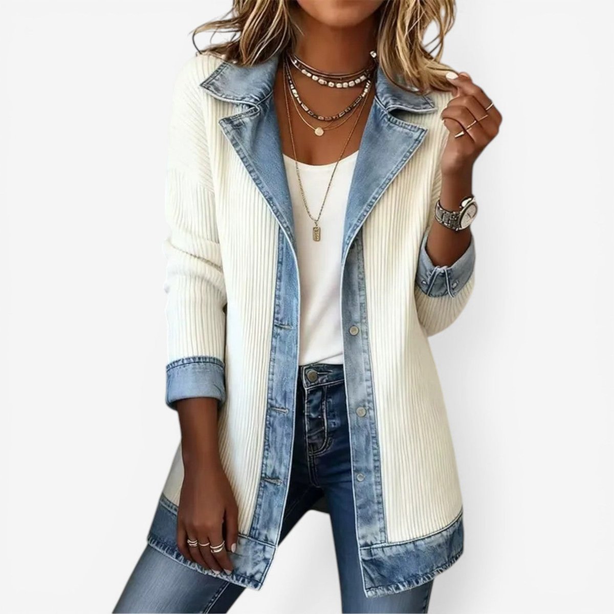 Gebreid vest met denim kraag en knoopmanchetten voor dames in wit