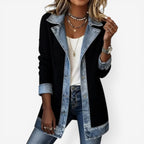 Gebreid vest met denim kraag en knoopmanchetten voor dames in zwart