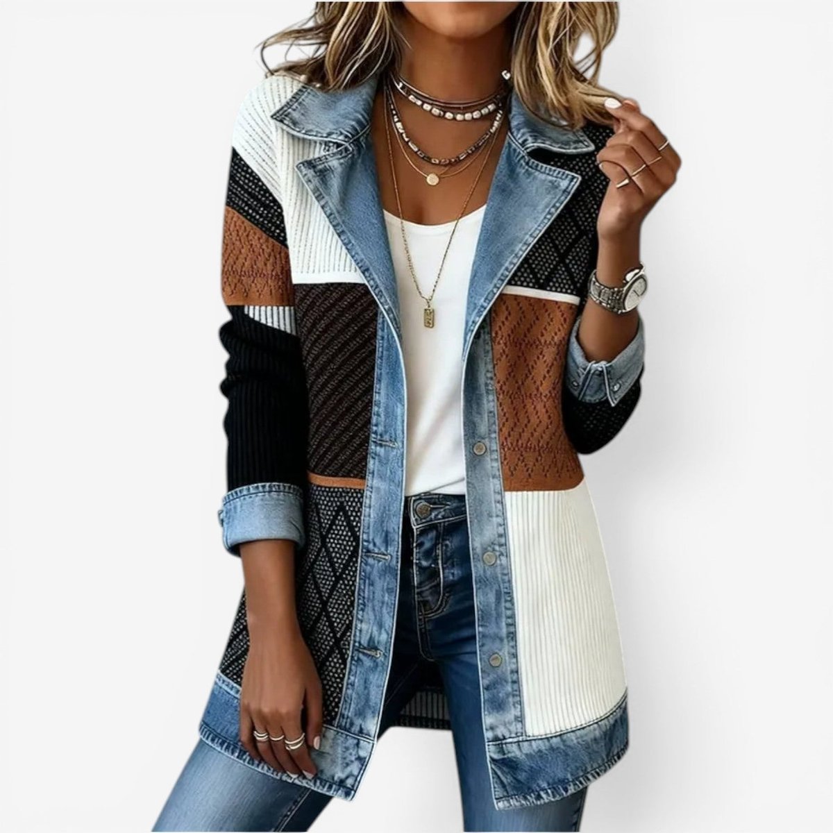 Gebreid vest met denim kraag en knoopmanchetten voor dames