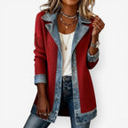 Gebreid vest met denim kraag en knoopmanchetten voor dames in rood