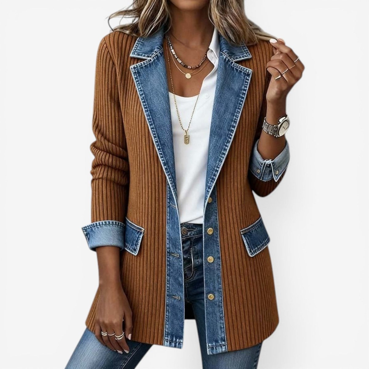 Gebreid vest met denim kraag en knoopmanchetten voor dames in khaki