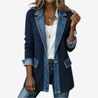 Gebreid vest met denim kraag en knoopmanchetten voor dames in marineblauw