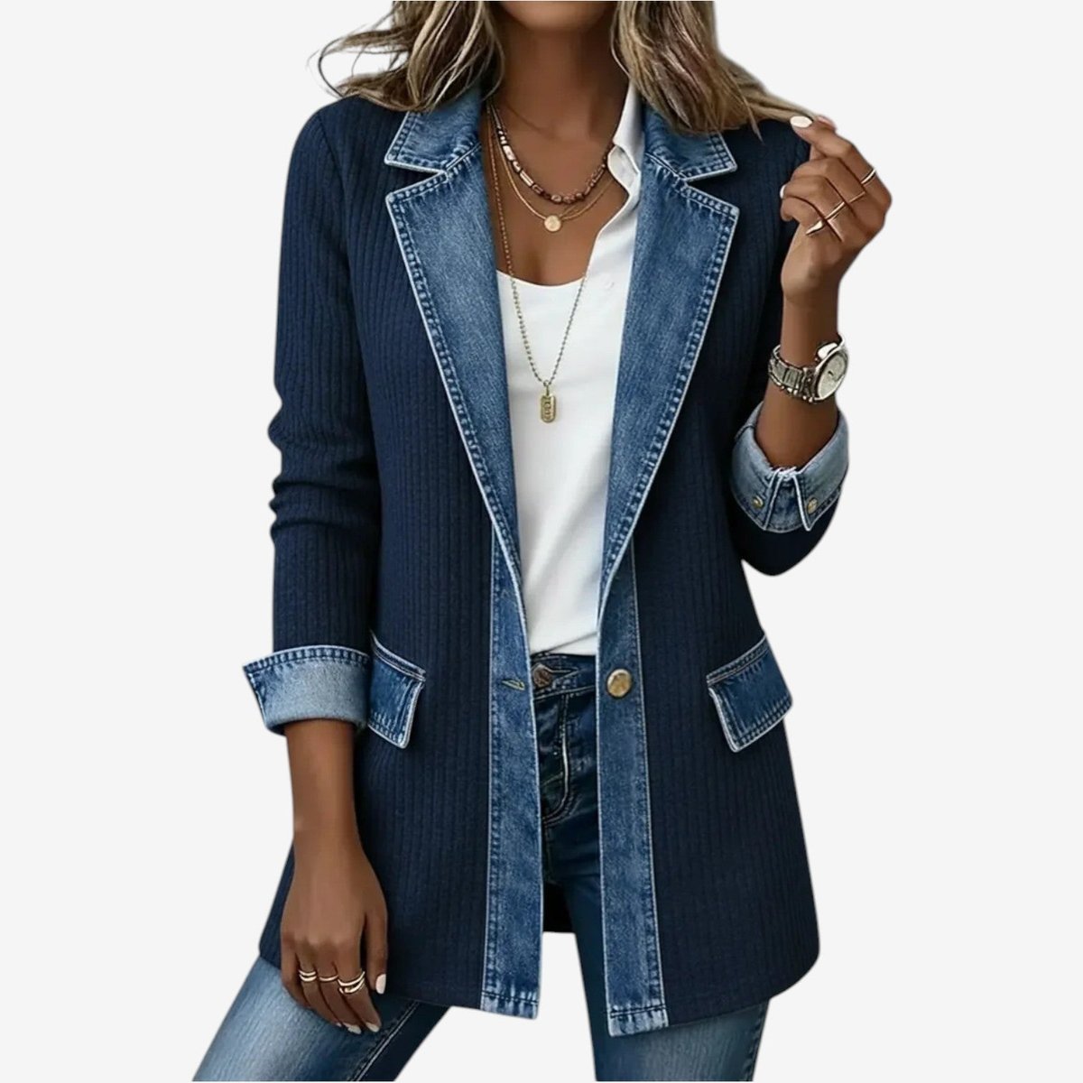 Gebreid vest met denim kraag en knoopmanchetten voor dames in marineblauw