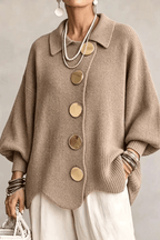 Gebreid vest met goudkleurige knopen en puntkraag voor dames in beige