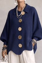 Gebreid vest met goudkleurige knopen en puntkraag voor dames in blauw