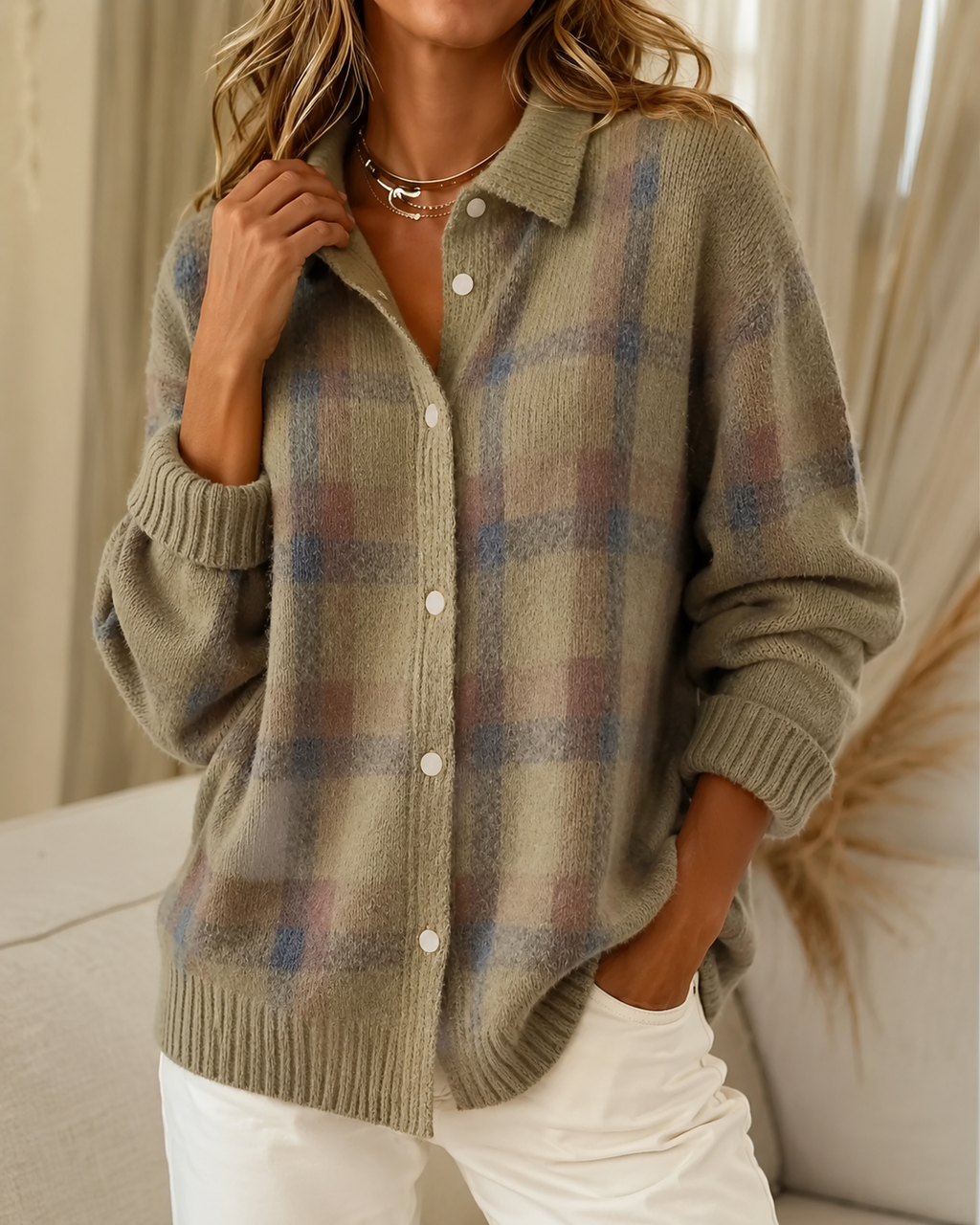 Gebreid vest met ruitdessin en ontspannen pasvorm voor dames in bruin