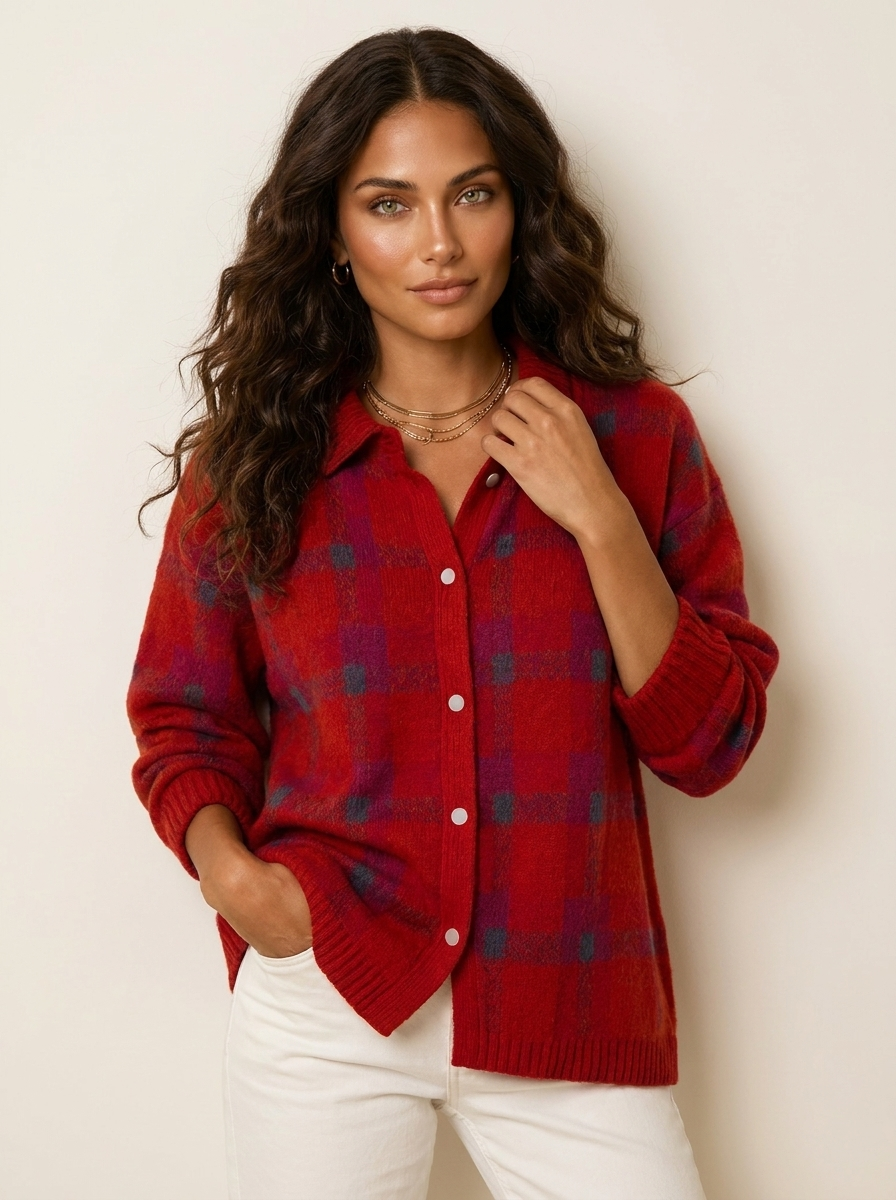 Gebreid vest met ruitpatroon en knoopsluiting voor dames in rood