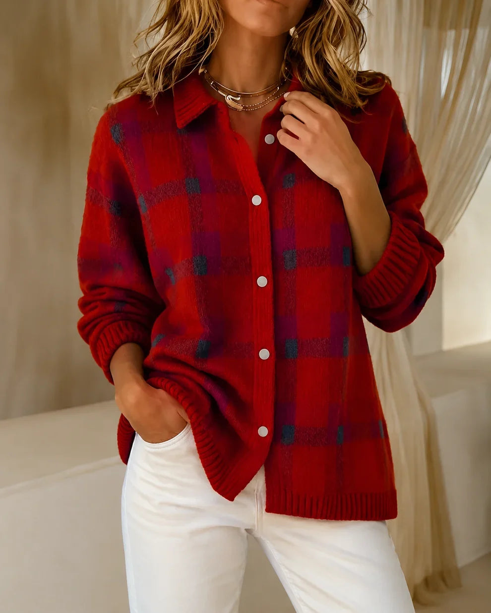 Gebreid vest met ruitpatroon en knoopsluiting voor dames