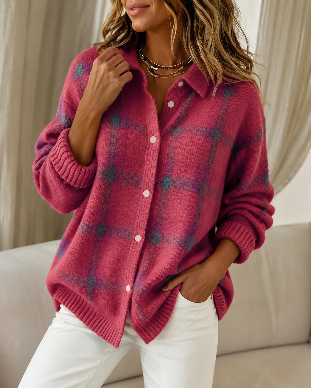 Gebreid vest met ruitpatroon en knoopsluiting voor dames