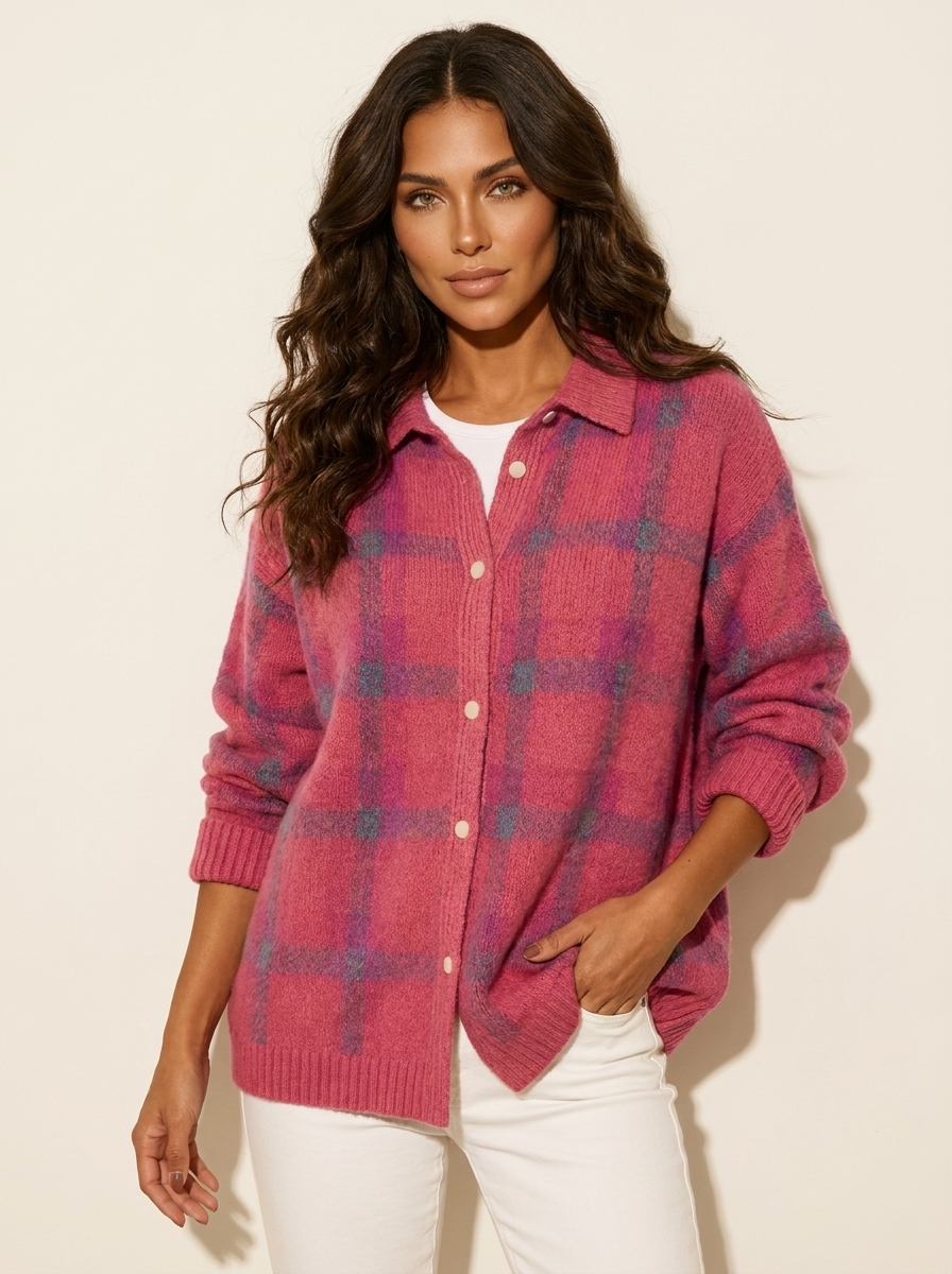 Gebreid vest met ruitpatroon en knoopsluiting voor dames in roze