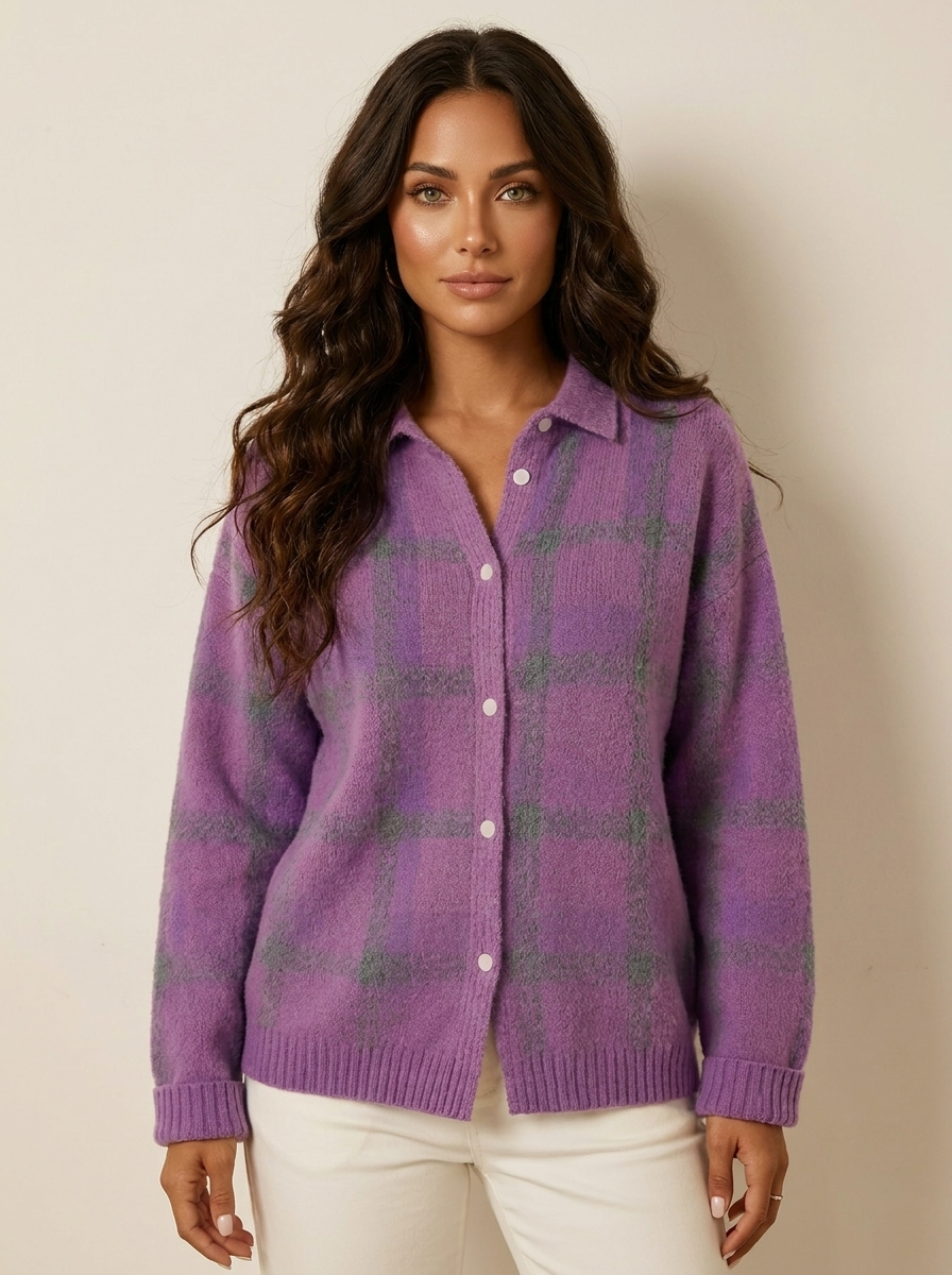 Gebreid vest met ruitpatroon en knoopsluiting voor dames in paars