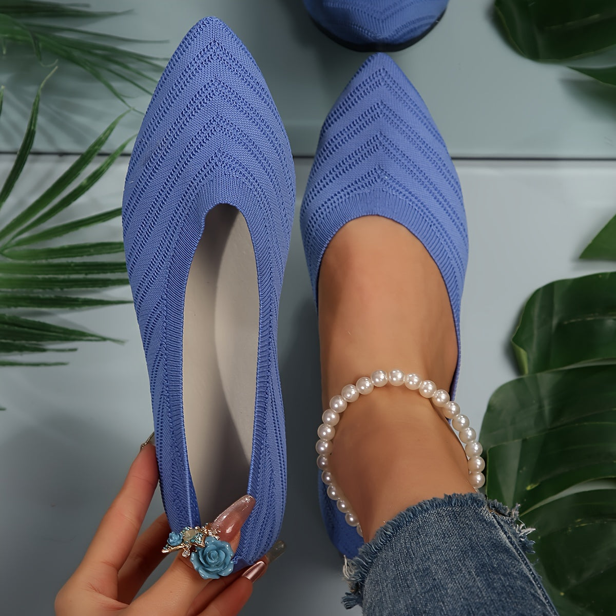 Gebreide ballerina's met puntige neus voor dames in blauw