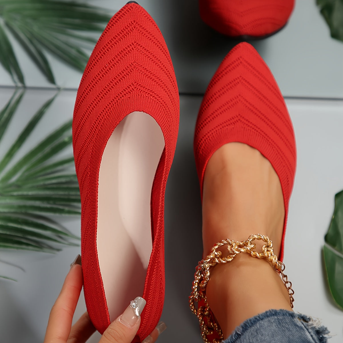 Gebreide ballerina's met puntige neus voor dames in rood