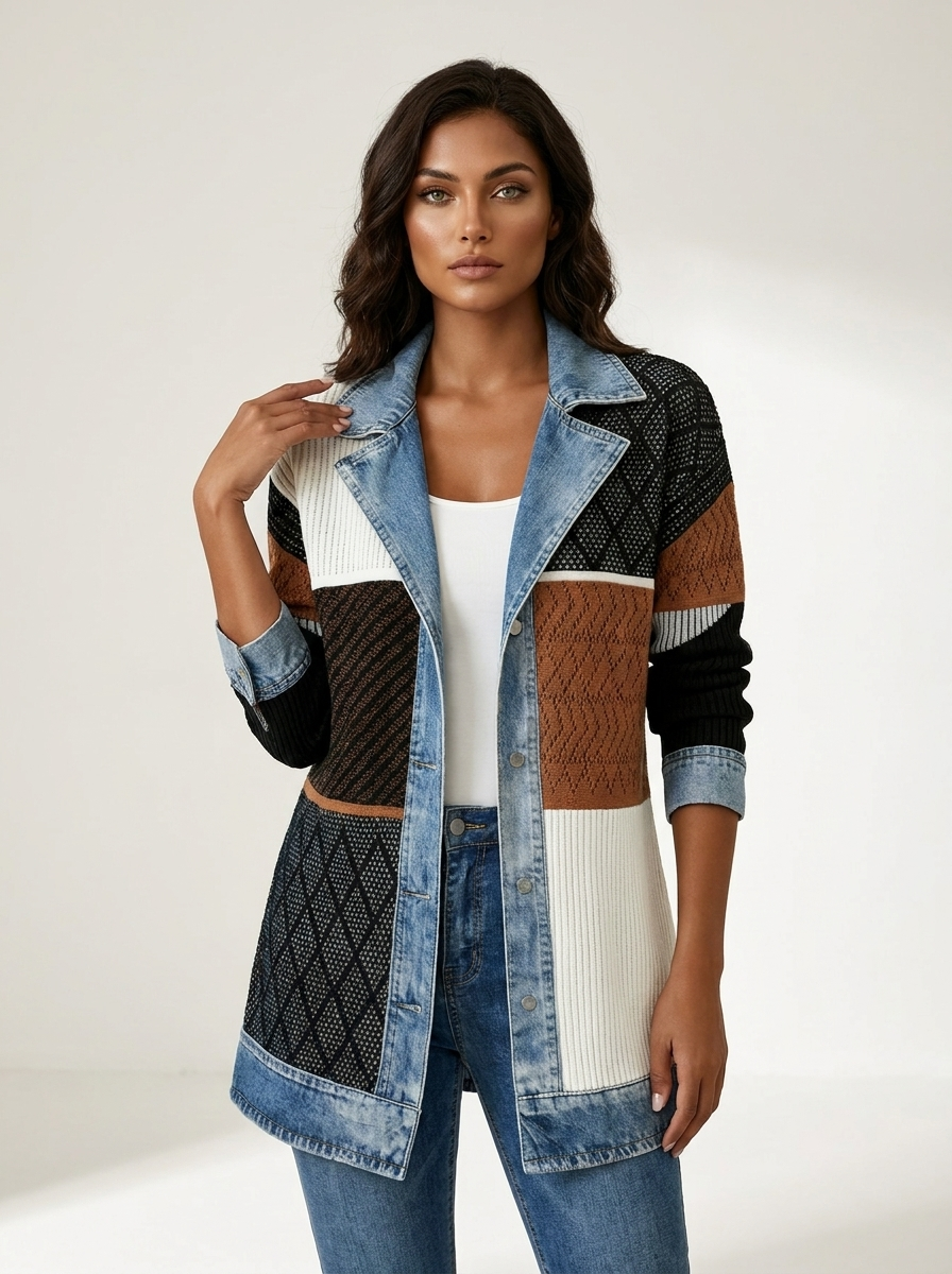Gebreide blazer met denim details in gekleurd
