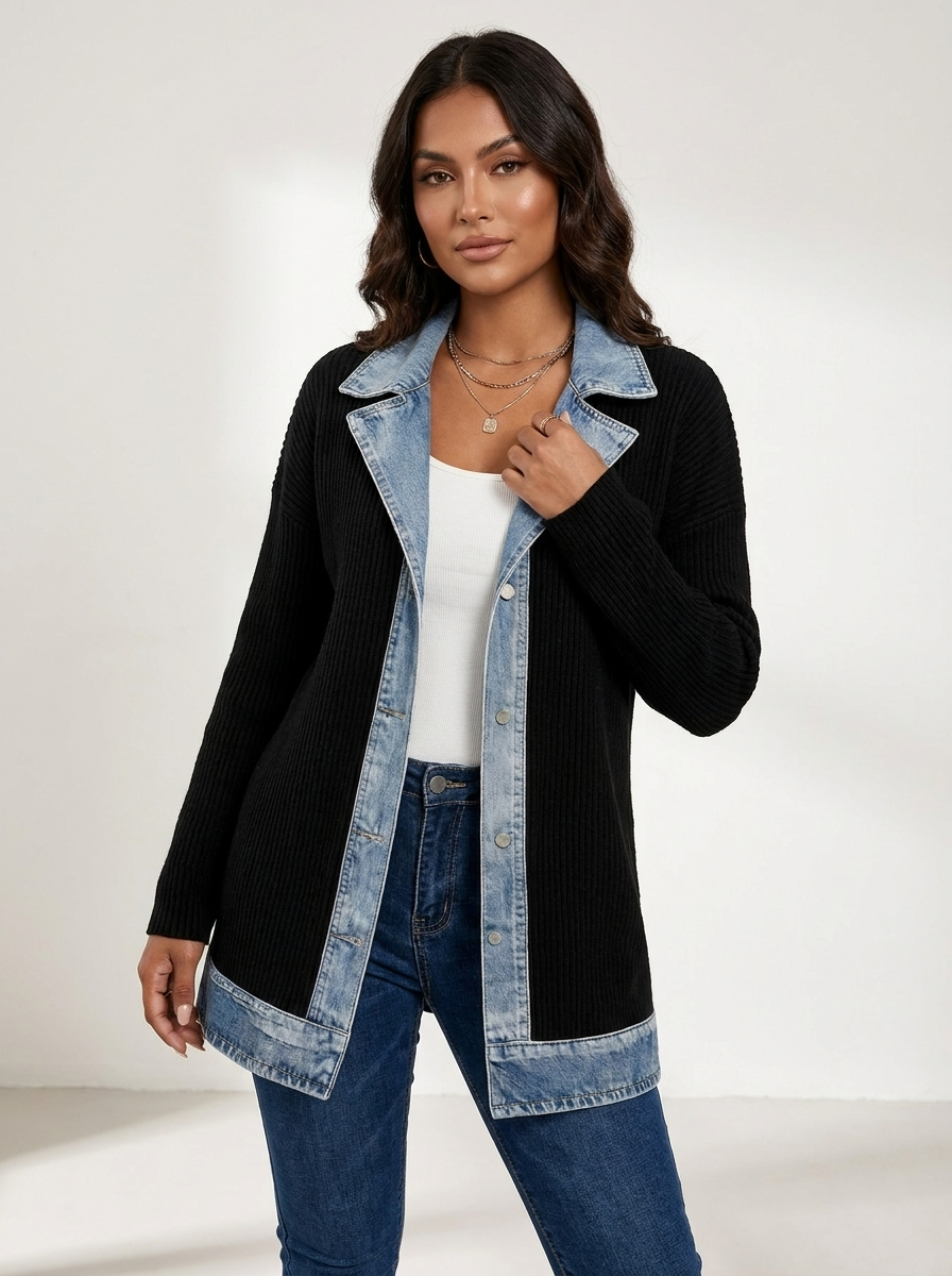Gebreide blazer met denim details in zwart