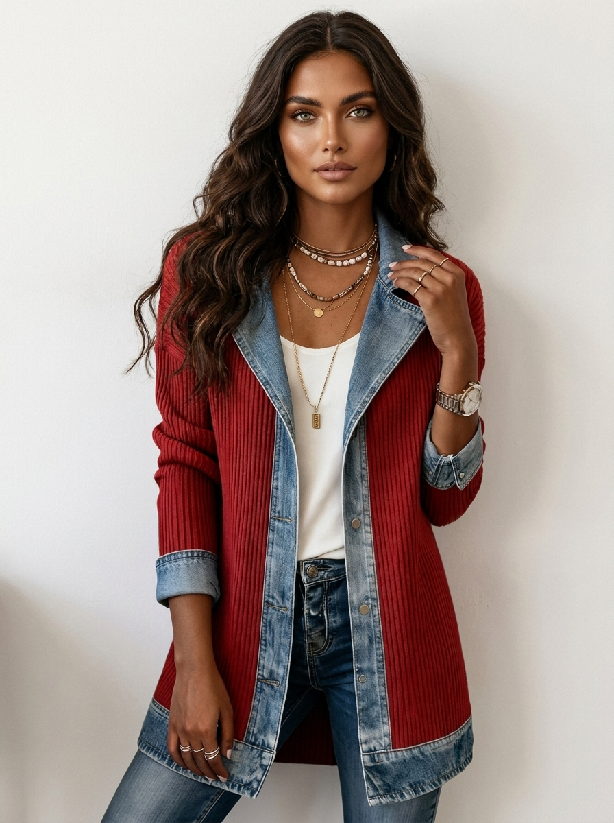 Gebreide blazer met denim details in rood