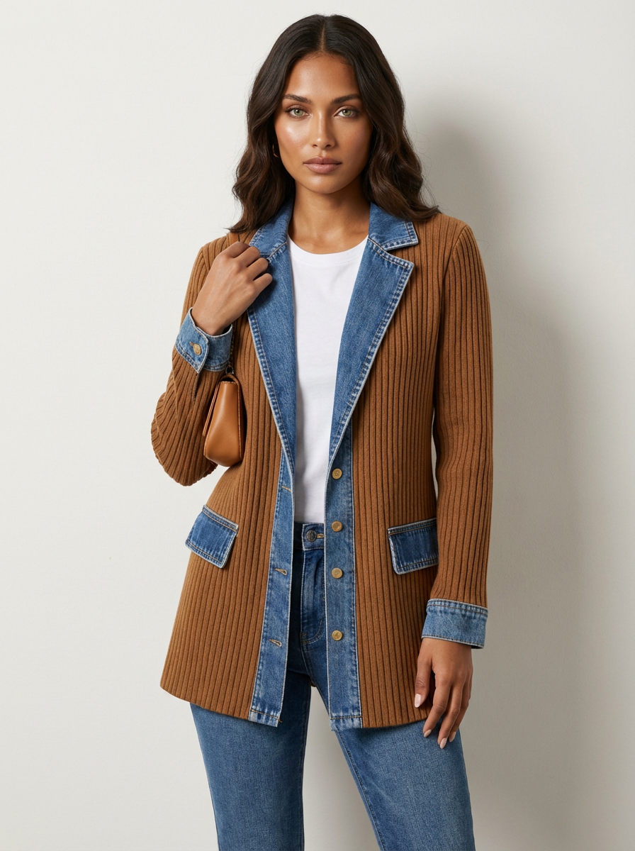 Gebreide blazer met denim details in bruin
