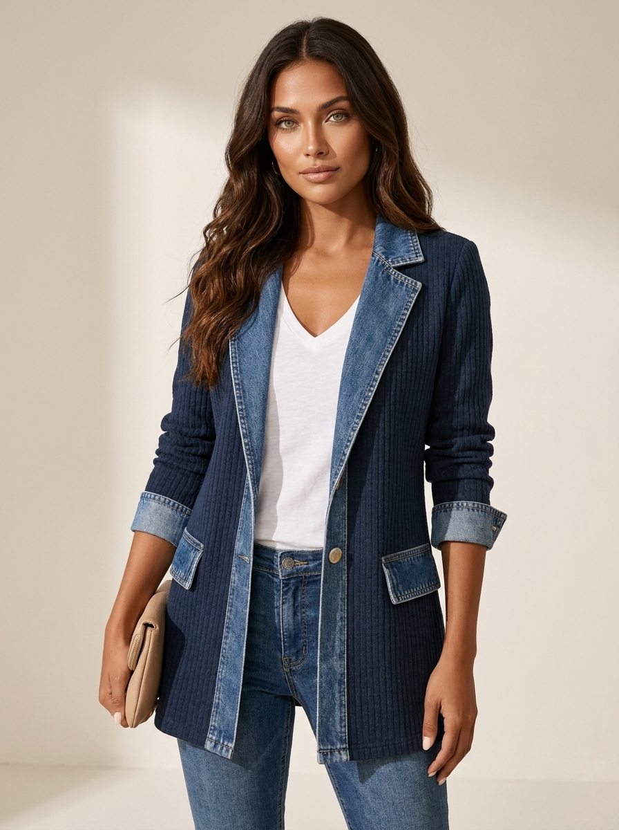 Gebreide blazer met denim details in blauw