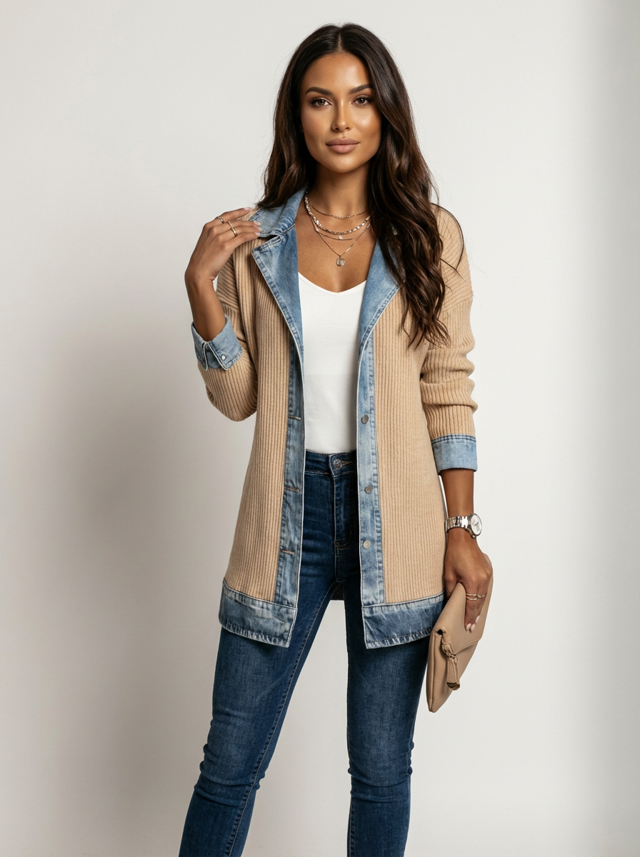 Gebreide blazer met denim details in beige