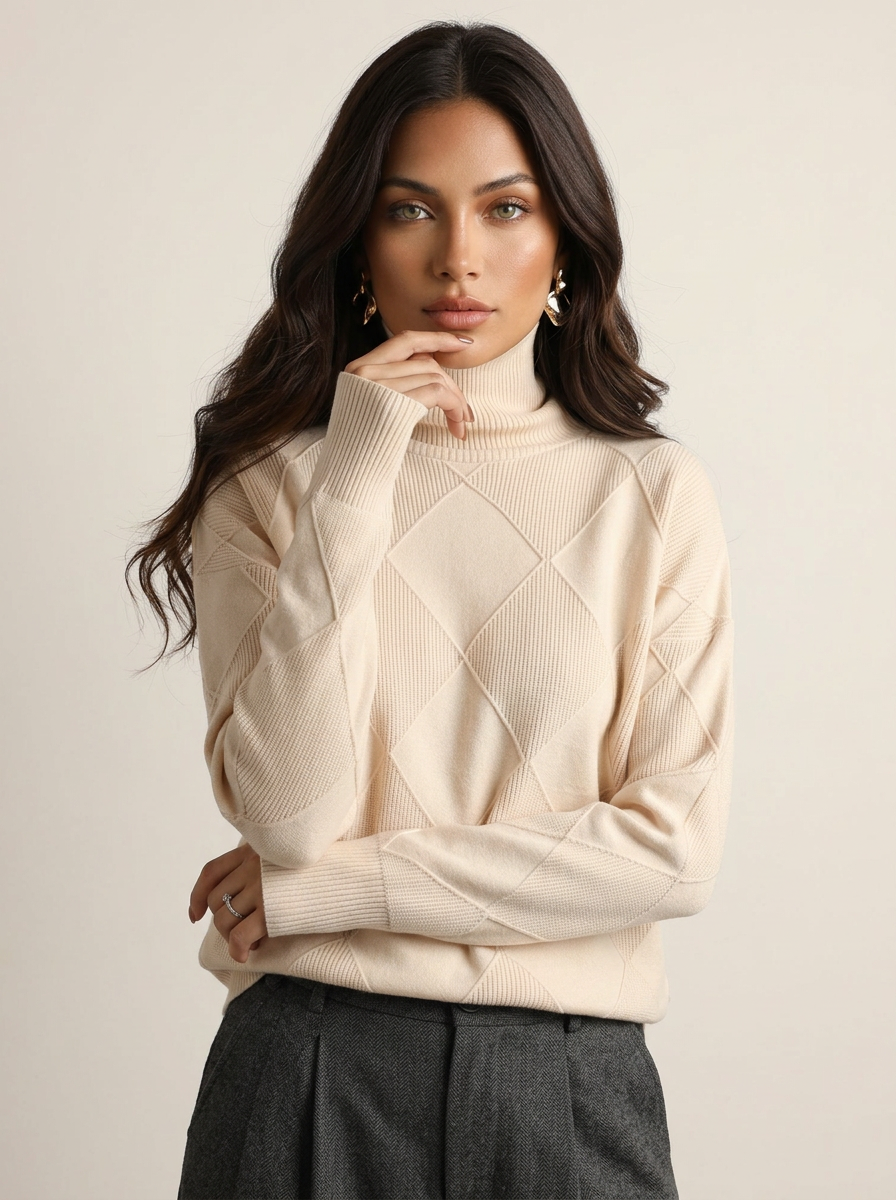 Gebreide coltrui met ruitdetail en lange mouwen voor dames in beige