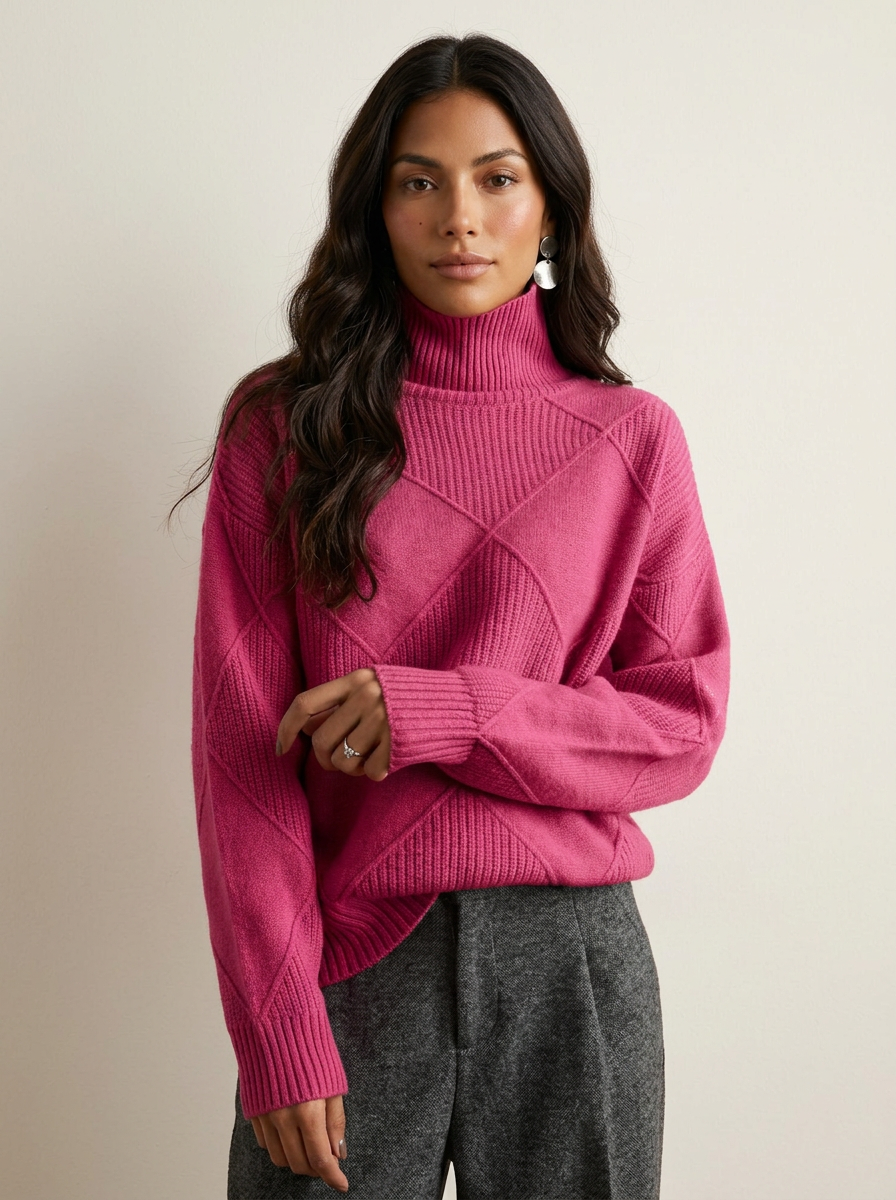 Gebreide coltrui met ruitdetail en lange mouwen voor dames in roze