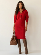 Gebreide midi jurk met hoge kraag en knopen voor dames in rood