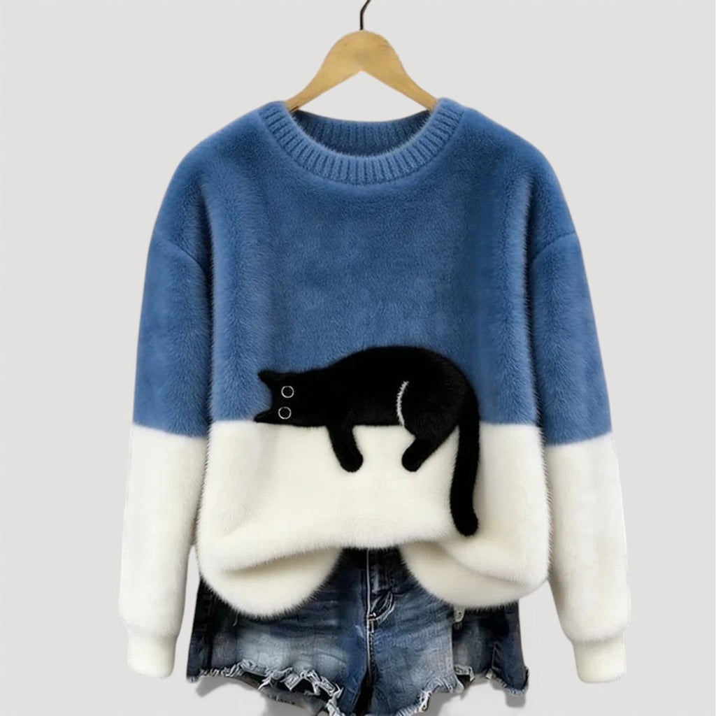 Gebreide trui met ronde hals en grafische print voor dames in blauw