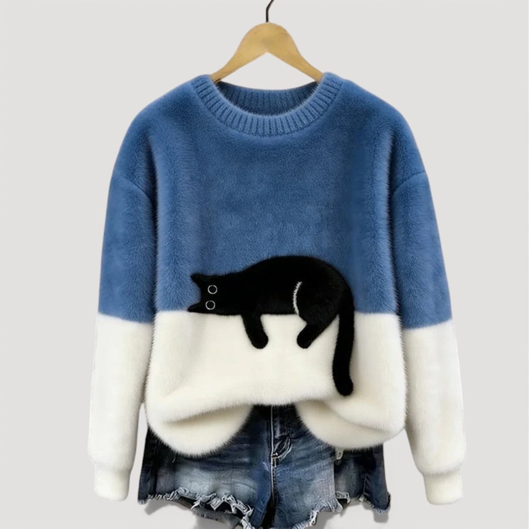Gebreide trui met ronde hals en grafische print voor dames in blauw