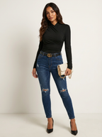 Gedrapeerde top met hoge hals in zwart