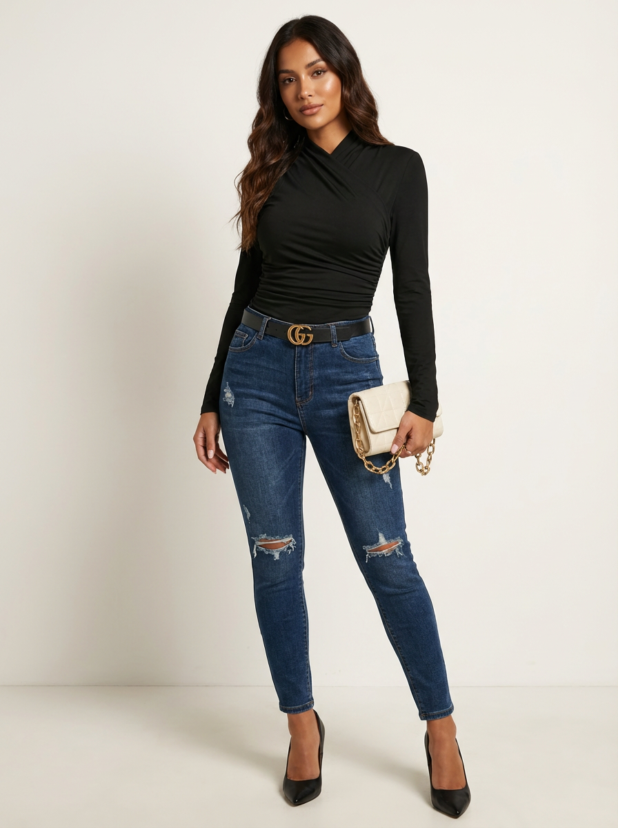 Gedrapeerde top met hoge hals in zwart