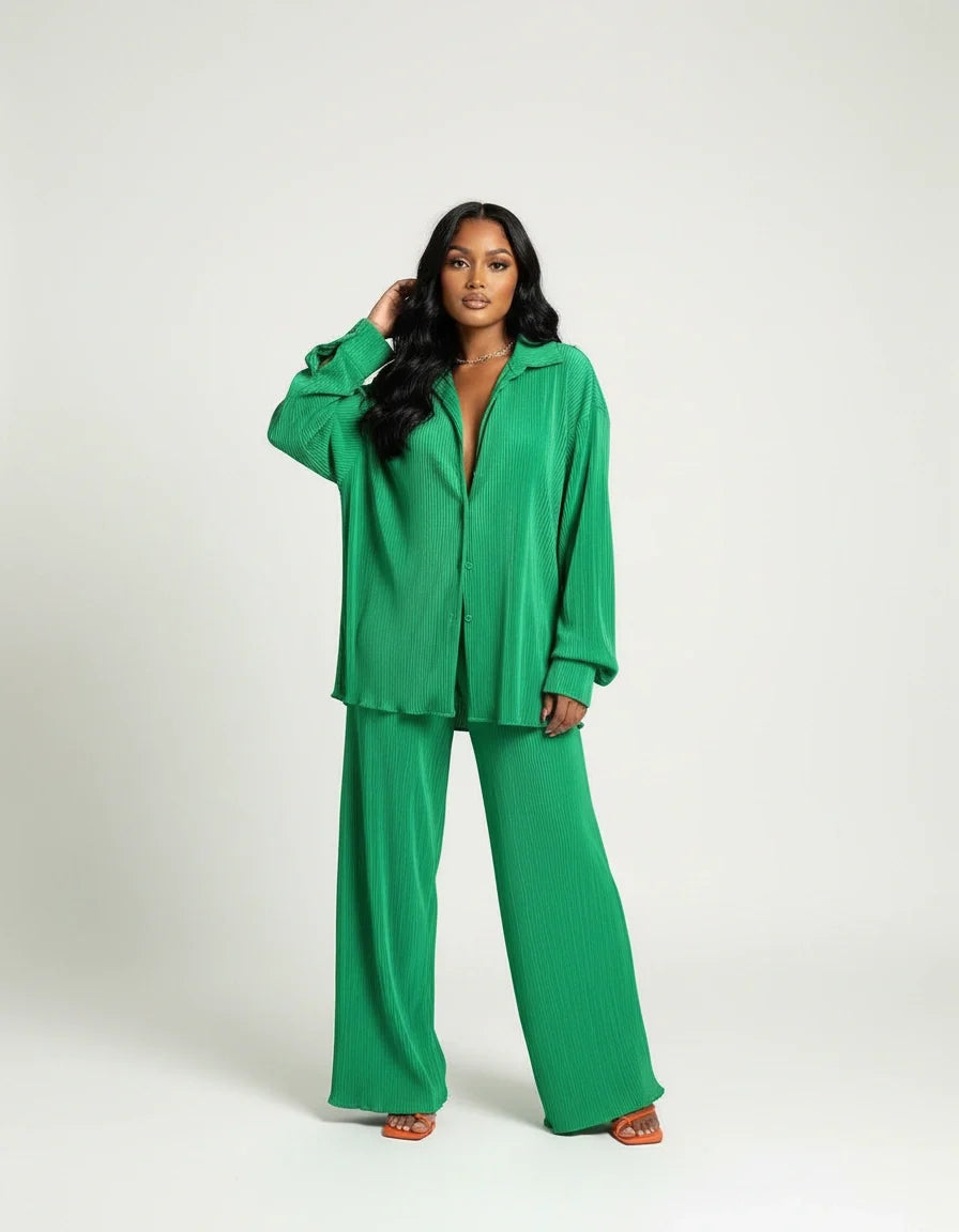 Geplooide loungeset met blouse en broek voor dames in groen
