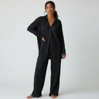 Geplooide loungeset met blouse en broek voor dames in zwart